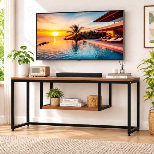 Image of Lukzer TV Unit Stand for TVs up to 43 Inch Engineered Wood with Metal (MTU-002 /Black & Oak Brown) Open Shelf Storage Console for Living Room, Set Top Box, WiFi Router, Speakers (110 x 56 x 30 cm)