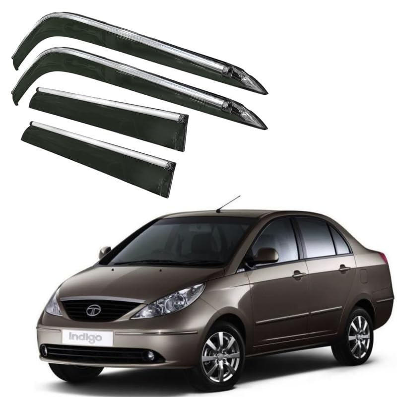 Image of CAR SAAZ Side Door Visors for Indica Vista (Set of 4Pcs)|Chrome Lined Rain Guards, Polycarbonate, Smoke Finish