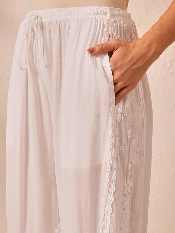 Image of Ada Lucknowi Chikankari Hand Embroidered Modal Flared Palazzo for Women A711198