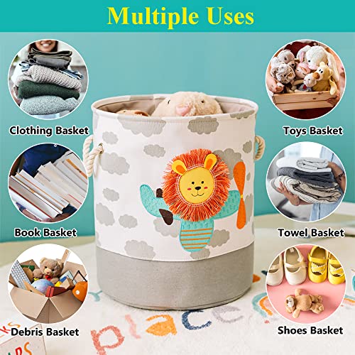 Cute Babys Laundry Basket - Kids Laundry Hamper For Boys, (Lion) Collapsible Thicken Durable Toys Organizer Storage Round Baskets And Nursery Bedroom Decor (Light Grey） #TOP2