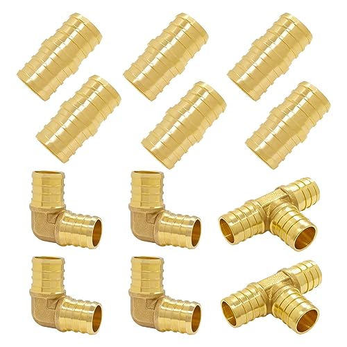 Hooshing 12PCS PEX Fittings Combo 3/4 inch PEX Coupling (6PCS) 90 Degree Elbow (4PCS) Tee (2PCS) Brass Barb Crimp Fitting