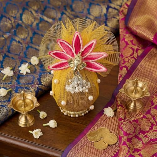 Image of Decorative Nariyal with Ganesha for Pooja Wedding Kalash Craft Decoration Spiritual Religious Festive Use Traditional Decorative Item