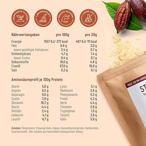 STRIVE CACAO PROTEIN | Vegan | 100% BIO | 500g Natur Eiweiß mit zertifiziertem Bio Kakao | Ohne Süßungsmittel & Aromen | Ohne Soja & Gluten | Mehrkomponenten 4K | Made in Germany DE-ÖKO-039
