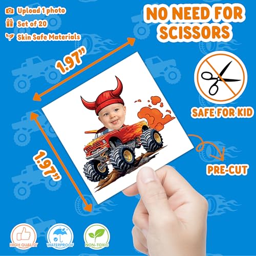 Image of Custom Monster Truck Temporary Tattoos for Kids, Set of 20 | Personalized Pre-Cut Face Photo, Birthday Party Favors, For Boys & Monster Truck Fans, Unique Celebration Gifts