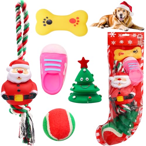 Auliand Christmas Stocking Dog Toys, 5Pcs Xmas Dog Toys Set with Santa Rope Toy, Squeaky Dogs Toy,...