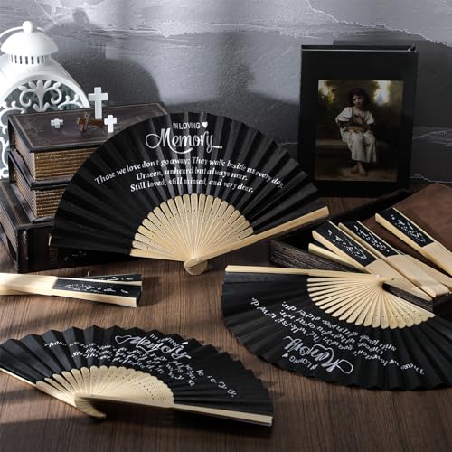 Image of Threehoney 25 Pack Funeral Favors for Guests in Loving Memory Handheld Fans Black Paper Folding Hand Fan Bulk Funeral Gifts for Services Condolence Sympathy Accessories
