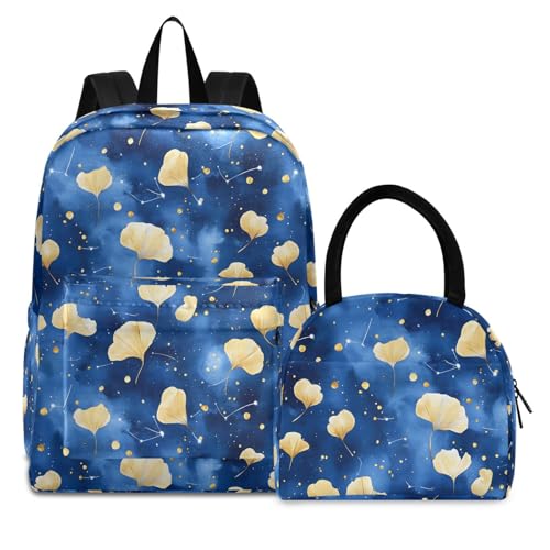 Backpack Lunch Box Set Large Capacity Travel Backpacks and Insulated Lunch Bag for Commute Hiking Picnic Bright Ginkgo Print