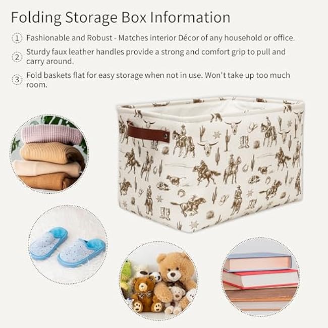 2Pcs Western Cowboy Rectangle Storage Basket Brown Wild West Rodeo Open Toy Organizer Bag with Handle 15 x 10.2 x 9.4 Inch Large Laundry Dirty Cloth Storage Bin for Bedroom Closet