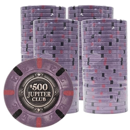 Playzaic Jupiter Club 43mm Oversize Casino Clay Poker Chips | 11-gram XL Chips | 100% Clay Luxury Feel for Home Cash Games & High Stakes Tournaments | 100 Count (4 Rolls) ($500 Purple)