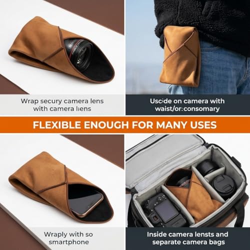 Image of ZORBES Camera Lens Wrap Cloth Protective Cover, Self Folding Camera Wrap with Soft Microfiber Lining, 45x45cm Anti Scratch DSLR Mirrorless Lens Protector Cloth for Camera Body, Lens & Gear, Brown