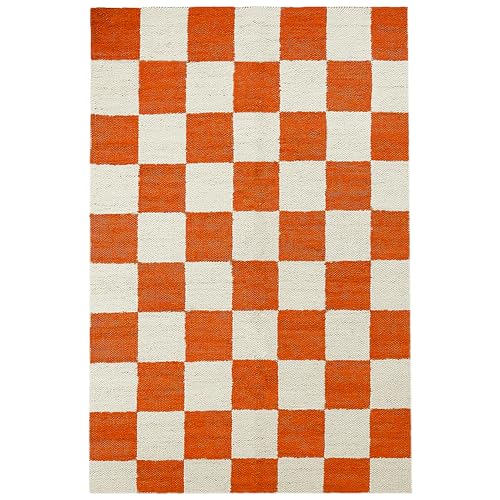 Tapis en jute orange et blanc, tapis à carreaux orange et blanc, tapis à damier style bohème pour salon, salle à manger, entrée, extérieur, décoration...