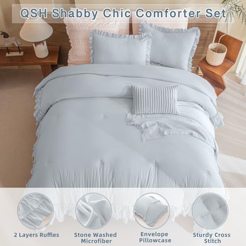 Image of Queen's House Light Blue Ruffled Comforter Set Queen Size, Lightweight Microfiber Inner Fill Fluffy Country Rustic Coquette Bedding