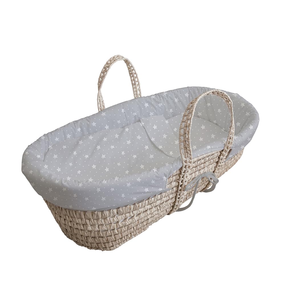 Tanuki Moisés de Mimbre Natural para Bebé con Base de Madera - Hecho a Mano - Colchón Incluido - Estilo nórdico Stars&Dots Gris