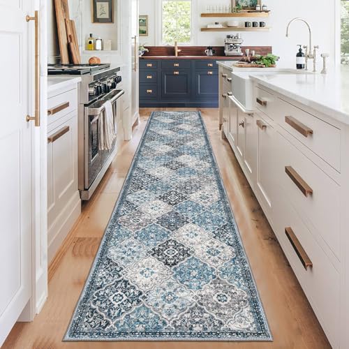 KILOCOCO 2x12 Runner Rug, Moroccan Super Soft Washable Hallway Entryway Runner Rug, Accent Print Faux Wool Kitchen Runner Non-Slip Boho Carpet for Laundry Room Bedroom, Blue/Multi