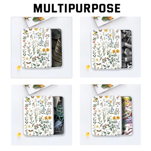 Image of Metal Tin Box with Lid for Game Cards Home Organizer Candles Keys Crafts Storage - Equipped with 4 Magnetic Cord Clips，Flowers and Butterflies