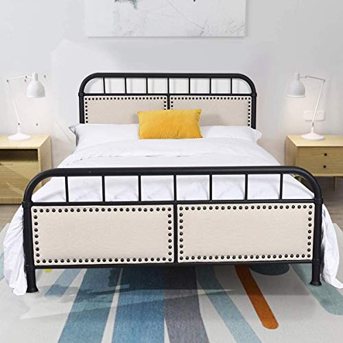 Giantex Queen Size Metal Bed Frame, Vintage Metal Platform Bed with Button Tufted