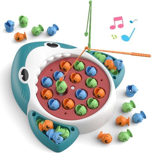 Musical Shark Fishing Game for Kids, 360° Rotating Board, 20 Fish with 3 Rods,Hook Fishing Set for Toddlers，Educational, Fine Motor Skill Activity for Boys and Girls