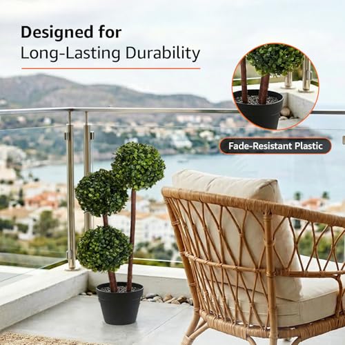 Image of amazon basics Artificial 3 Stem Topiary in Black Plastic Pot | Realistic 55 cm Faux Greenery | Durable Plastic | Stylish & Compact | Zero Maintenance | Indoor, Outdoor, Home & Office Decor