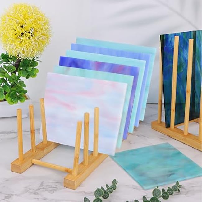 3Pack Stained Glass Organizer Bamboo Dish Plate Rack Wooden Dish Plate Stand Stained Glass Holder Space Saving Bamboo Drying Rack Baby Bottle Drying Rack, 8 Slots Organizer