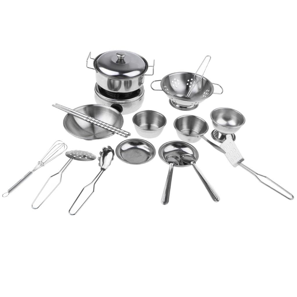 Drunkers 18PCS Silver Kids Pretend Play Real Cooking Stainless Steel Cookware Stove Pan Spoon Utensils Kitchen Creative Toy Set Role Playing (57028512DRS)