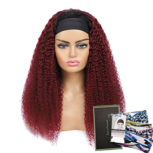 Headband Wig for Women Kinky Curly Wave Human Hair Ombre Wigs Glueless None Lace Front Wigs Brazilian Virgin Human Hair Machine Made Headband Wigs 180% Density 1B/99J Burgundy 18 inch