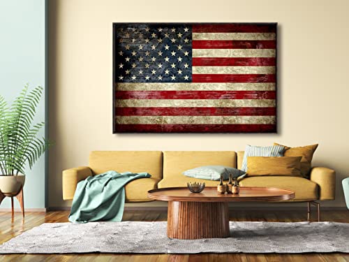 Image of Pyradecor Walnut Framed Wall Art Extra Large Old Vintage American Flag Canvas Prints Abstract Pictures Paintings for Living Room Office Home Decorations