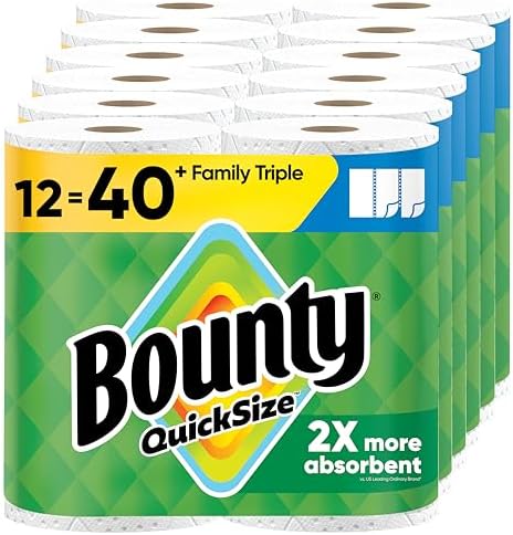 Bounty Quick-Size Paper Towels, White, 12 Family Triple = 40 Regular Rolls