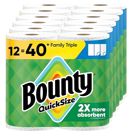 Bounty Quick-Size Paper Towels, White, 12 Family Triple Rolls = 40 Regular Rolls