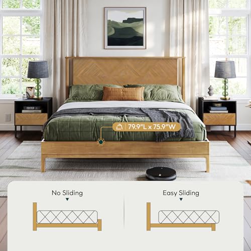 Image of Bme Ethan King Size Bed Frame with Diamond Headboard, Rustic Mid Modern, Solid Acacia Wood, No Box Spring Needed, Slat Support, Rustic Seadrift
