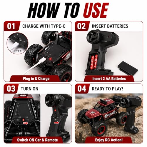 Image of Goyal's 4WD Remote Control Moka Rock Crawler Car with Spray Fumes Function, Off Road RC Car for Kids with LED Lights | Rechargeable Type-C, 2.4GHz - 300 Metres Remote Range