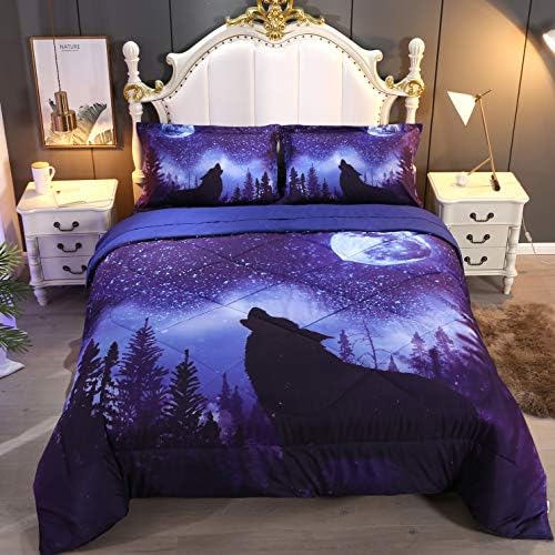Wowelife Wolf Bedding Sets for Boys and Girls 5-Piece Full, Premium Wolf Bed in a Bag, 3D Horse Comforter Set, Comfortable and Soft Kids Bedding Set