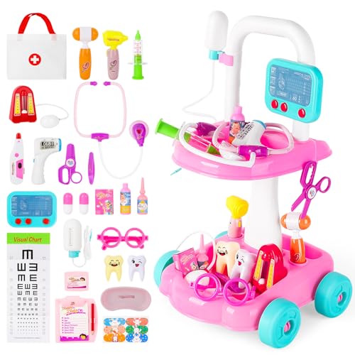 deAO Doctor Kit for Toddlers 3 4 5 Years Old, Dentist Playset with Medical Bag & Dental Tools, Pretend Dentist Play Set with Cart, Kids Doctor kit Educational Toys Gift for Girls Boys