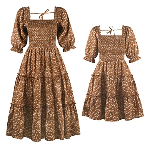 Mommy and Me Matching Dresses Floral Printed Ruffled Lantern Sleeves A-Line Long Dress Mom Daughter Matching Outfits