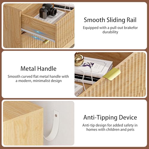 Image of Dresser 7 Drawer Dresser for Bedroom, 47''W Fluted Wooden Dresser Storage Cabinet and Chest of Drawers with Metal Handle, Storage Organizer for Living Room, Hallway, Entryway, Nature Oak