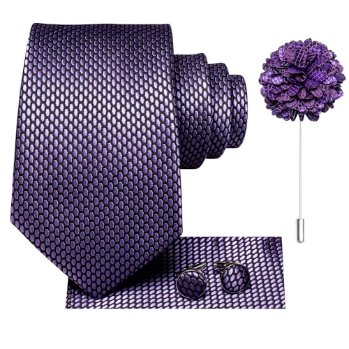 Image of Hi-Tie Men Silk Ties Set with Flower Lapel Pin Necktie Pocket Square Cufflinks for Tuxedo Wedding Business