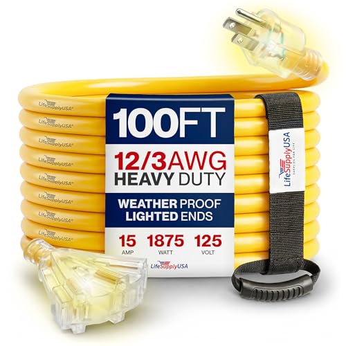 100ft Outdoor/Indoor Extension Cord 3-Outlet 12/3 Gauge Extra Heavy Duty 3 Prong SJTW Waterproof Flexible Cold-Resistant Long Power Cord 15A 125V 1875W Yellow by LifeSupplyUSA