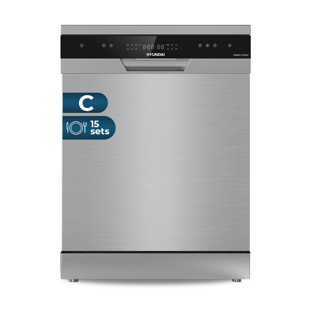 Hyundai Lavavajillas 60cm Inox HDW6015CDI00. 15 Cubiertos, 3 Bandejas, 7 Programas, Display LED táctil, Función Stop&Go, Eficiencia Energética Clase C
