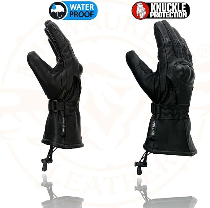 Men's Waterproof Gauntlet Leather Gloves. Draw String. w/Knuckle Protection