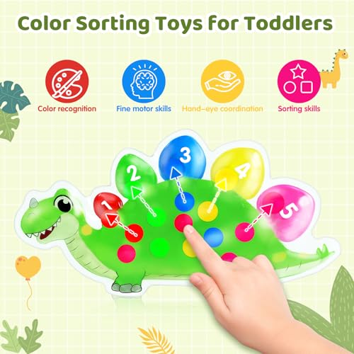 Dinosaurier Farbensortierspiel Zählen Superweiches Squeeze Sensorikspielzeug für Kleinkinder Montessori Lernspiel Farberkennung Feinmotorik Training Reise Anti Stress Spielzeug ab 3 Jahren (Grün)
