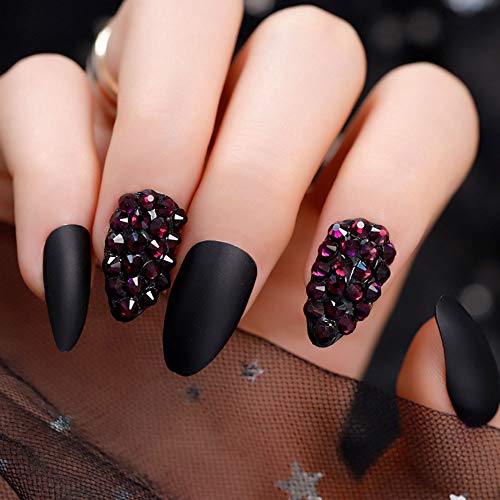 Feilisa 3D Black Press on Nails Short Bling Gems Fake Nails Almond Oval Full Cover Acrylic False Nails-Tips for Women and Girls-24pcs