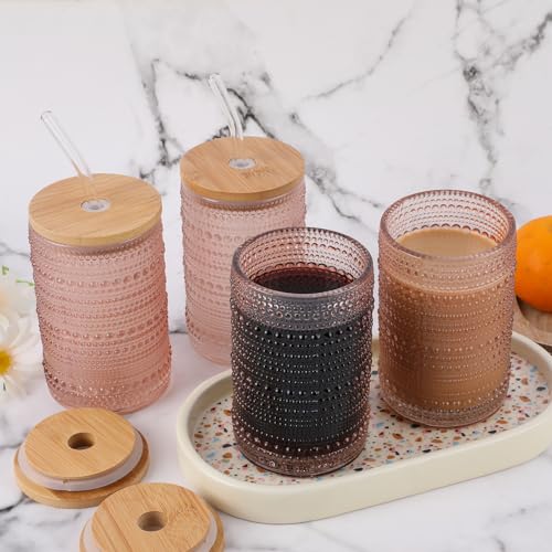 Makersland Vintage Drinking Glasses Set Of 4 With Bamboo Lids, Textured Clear Striped Ribbed Glassware Set Cocktail Set Beaded Glass Cups Old Fashion Embossed Iced Coffee Cup For Beer thumb #4