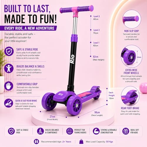Image of MiniExplorer Rio Kids Kick Scooter for Boys & Girls 3-12 Years - Purple | Adjustable Height Foldable Scooter with Rear Brake & Anti-Slip Deck | 3 Wheel Outdoor Scooter for Kids