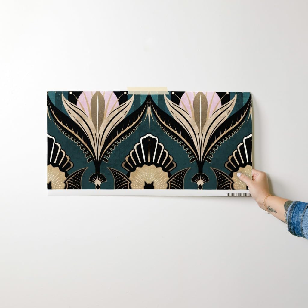 Spoonflower Peel & Stick Wallpaper Swatch - Elegant Art Deco Bats Flowers Teal Gold Black Pink 1920S Opulent Maximalist Custom Removable Wallpaper