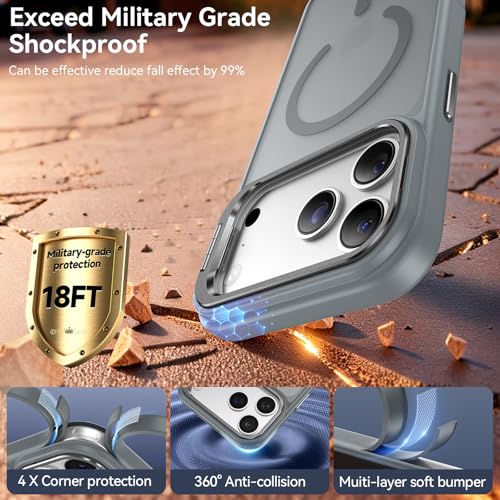 Image of for iPhone 17 Pro Case with Stash Lens Stand and 9H Screen Protector, Compatible with MagSafe, Military-Grade Drop Protection Magnetic Phone Case for iPhone 17 Pro, 360 Full Protection, Gray