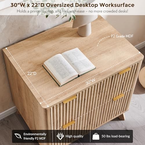 T4TREAM 2 Drawer File Cabinet, 30\" Fluted Lateral File Cabinet w/Files Hanging Rod for Letter/Legal/A4, Large Tabletop for Printer, Office Wood Printer Cabinets, Natrual Oak - Thumbnail 5
