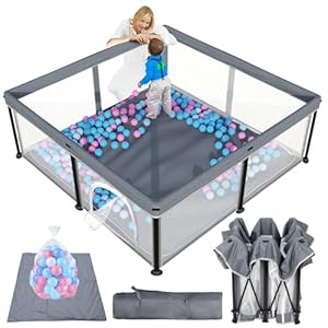 TOREVSIOR Foldable Baby Playpen with Mat, 50″×50″ Collapsible Play Pen for Babies and Toddlers, Indoor & Outdoor Kids Safety Play Pen, Portable Play Yard, Foldable Baby Playpen with 50 Ocean Balls