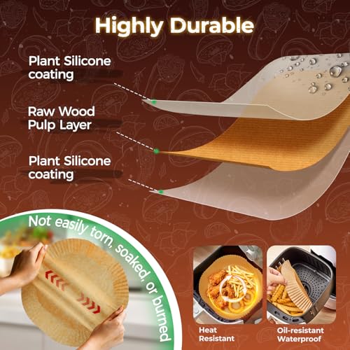 Air Fryer Liners Disposable, 100 PCS Non-Stick Air Fryer Paper Liners, Waterproof and Oilproof for Easy Cleanup, 8" Square Unbleached Parchment Paper for 5-8 QT Air Fryer, Baking, Microwave, Oven