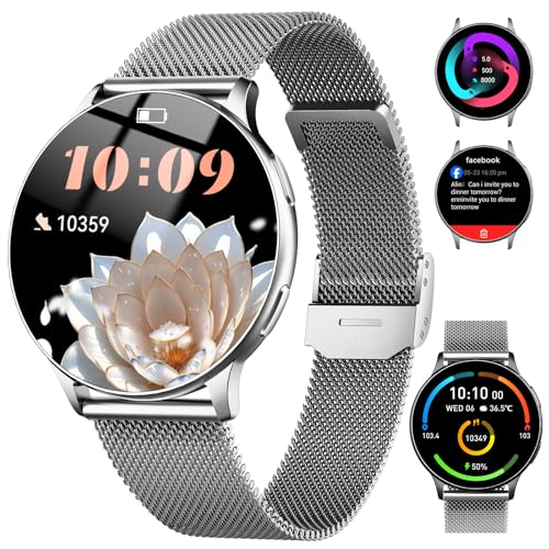 Image of Jugeman Smart Watch for Women, Womens Watch with 24 /7 Health Tracking, Bluetooth Calls, Step Heart Rate Sleep Monitor, IP68 Waterproof Wrist Smartwatch for Work Sports, Gift for Women (Silver)