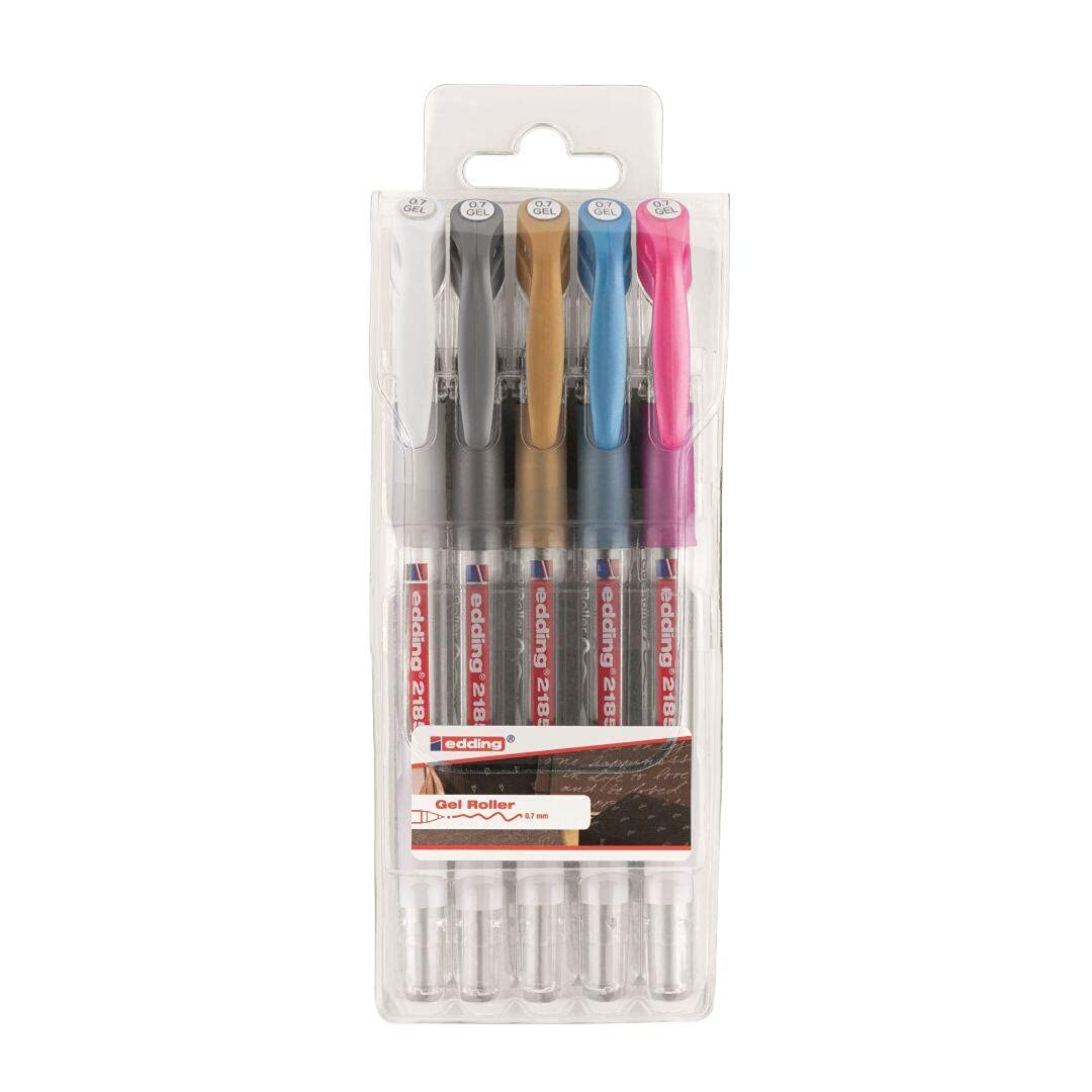 Edding 2185 Gel Roller 5 Pezzi, Inchiostro A Base D'Acqua, Punta 0,7 Mm, Colori: Nero, Rosso, Blu, Verde, Rosa
