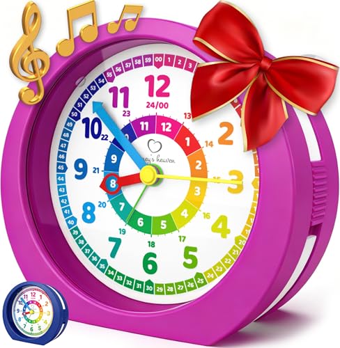 Honey's Heaven Kinderwecker ohne Ticken - für Jungen und Mädchen - Lernwecker Lernuhr Weckuhr Kinderuhr Quarzwecker Snooze Analog Quartz Wecker (Violett)